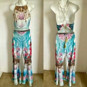 Fabulous NWOT Beaded STATUS Print Halter TOP & PALAZZO PANT SET Size Small